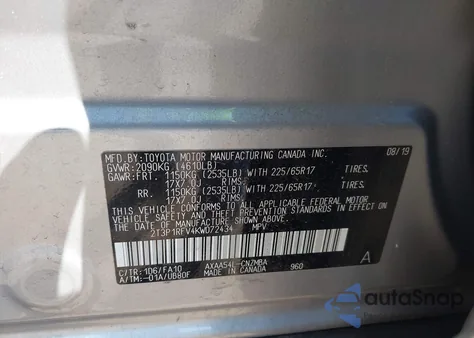 2019 Toyota Rav4 Xle из США, поврежденный, VIN 2T3P1RFV4KW072434